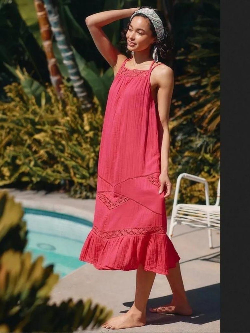 Anthropologie Crochet Trim Gauze Midi Tiered Sundress Fuchsia Hot Pink Size XS